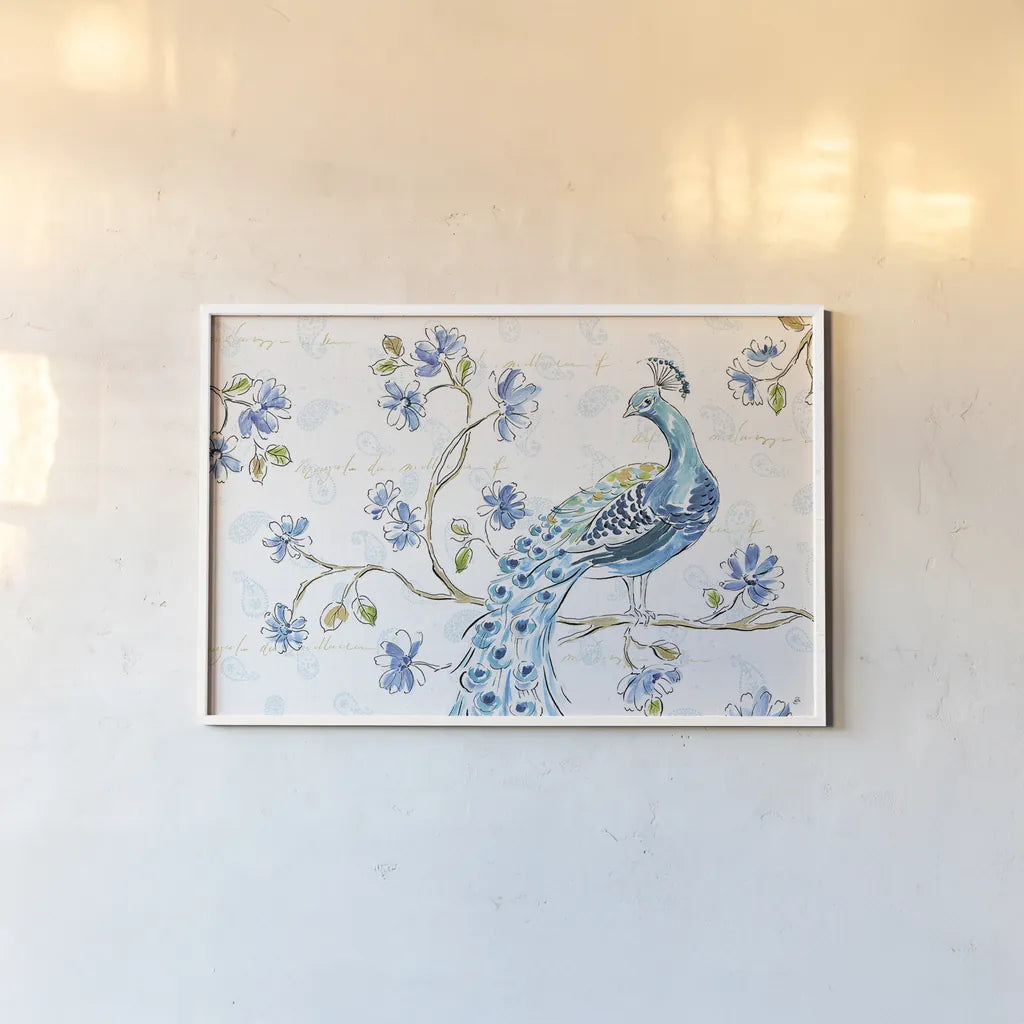 Peacock Allegory II White by Daphne Brissonnet. shown as a paper print in a white frame. Available as a archival giclee rolled canvas, fine art paper, or poster print. SKU 37509i.