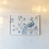 Peacock Allegory II White by Daphne Brissonnet. shown as a paper print in a white frame. Available as a archival giclee rolled canvas, fine art paper, or poster print. SKU 37509i.