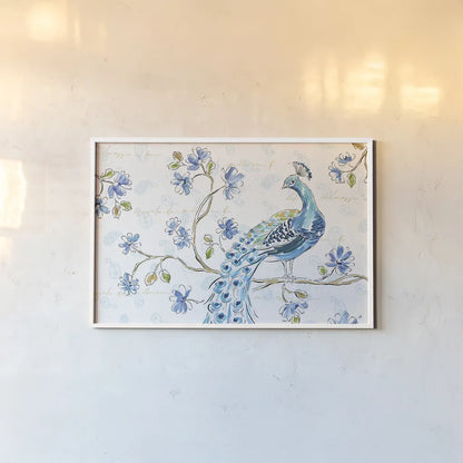 Peacock Allegory II White by Daphne Brissonnet. shown as a paper print in a white frame. Available as a archival giclee rolled canvas, fine art paper, or poster print. SKU 37509i.