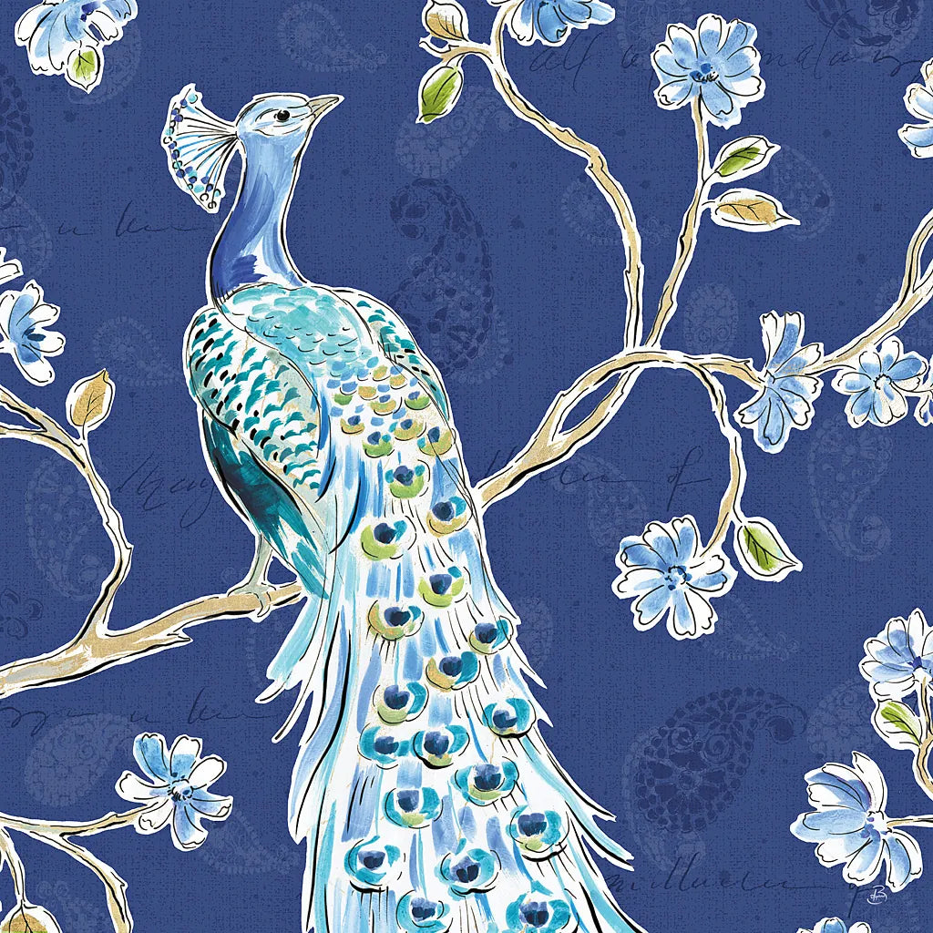 Peacock Allegory III Blue by Daphne Brissonnet. SKU 37506a. Archival Giclee Fine art print for wall decor.