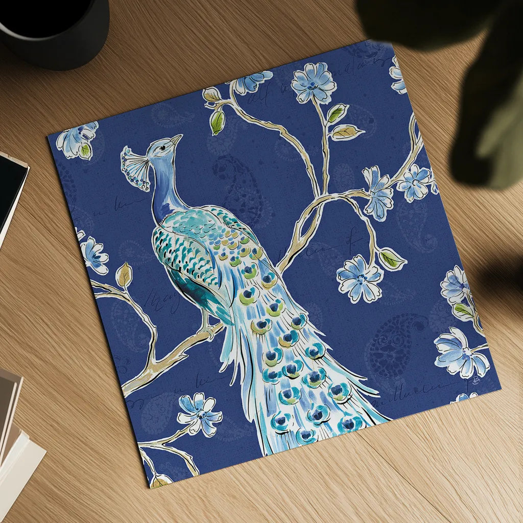 Peacock Allegory III Blue by Daphne Brissonnet. Shown as a detailed flat fine art print, highlighting archival giclee quality. Available as an archival giclee rolled canvas, fine art paper, or poster print. SKU 37506a.