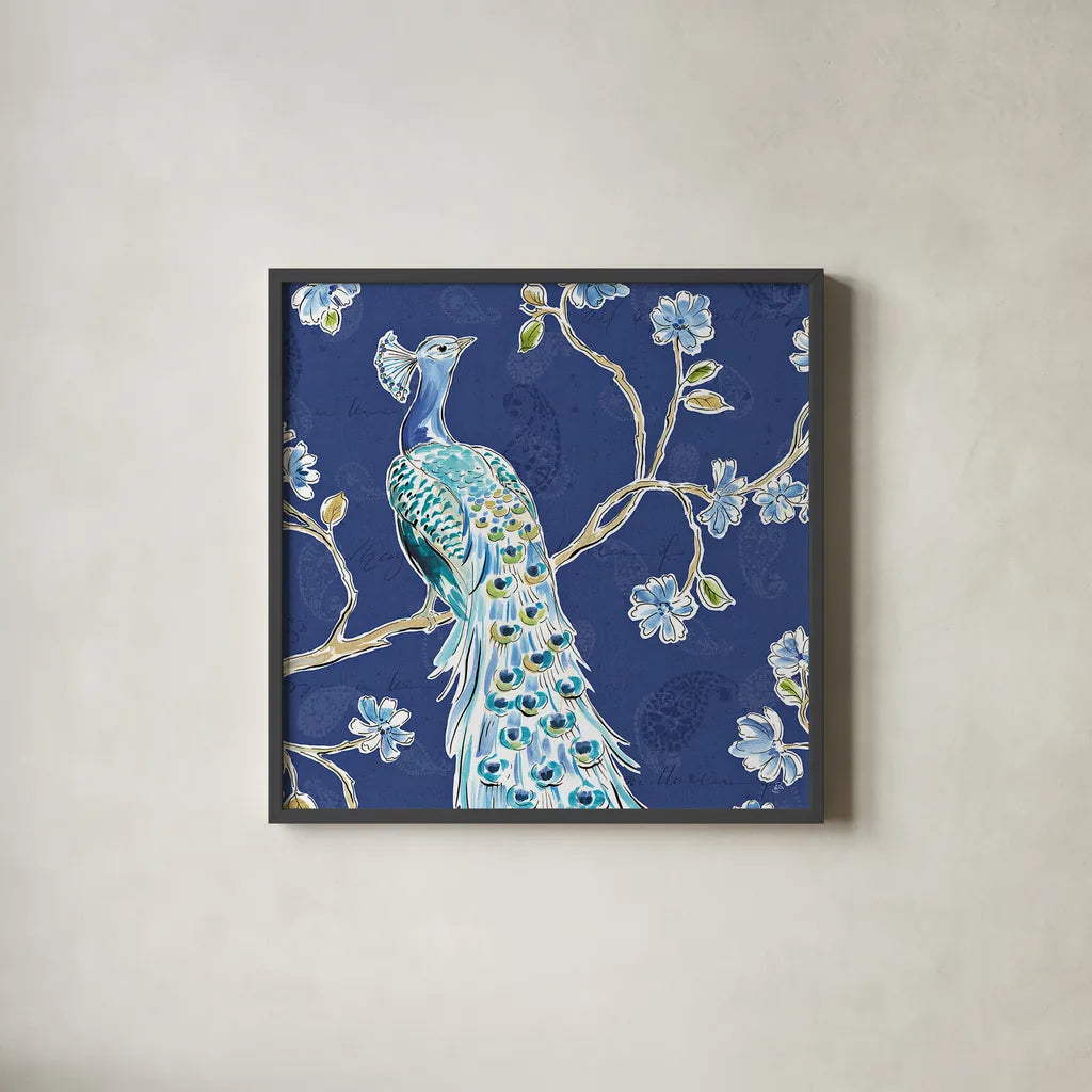 Peacock Allegory III Blue by Daphne Brissonnet. Shown in a sleek black glass frame for a contemporary gallery look. Available as an archival giclee rolled canvas, fine art paper, or poster print. SKU 37506a.