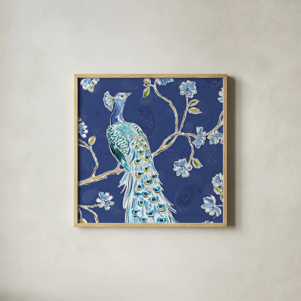 Peacock Allegory III Blue by Daphne Brissonnet. Shown in a natural wood glass frame for a timeless modern aesthetic. Available as an archival giclee rolled canvas, fine art paper, or poster print. SKU 37506a.