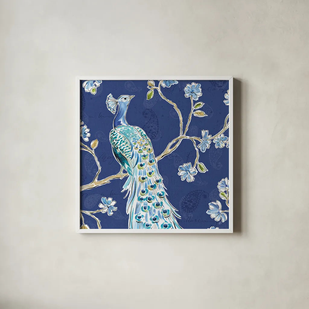 Peacock Allegory III Blue by Daphne Brissonnet. Shown in a crisp white glass frame for a clean and minimalist style. Available as an archival giclee rolled canvas, fine art paper, or poster print. SKU 37506a.