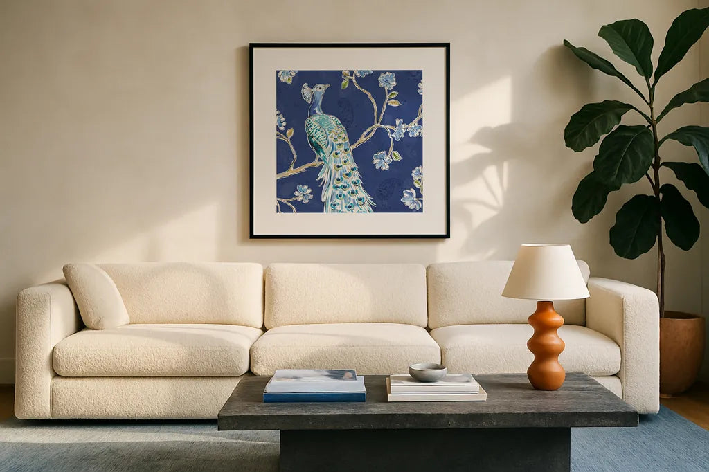 Peacock Allegory III Blue by Daphne Brissonnet. Displayed in a glass frame with matte in a clean modern living room. Available as an archival giclee rolled canvas, fine art paper, or poster print. SKU 37506a.