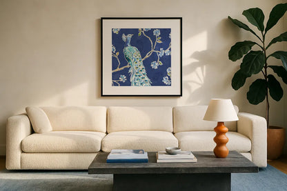 Peacock Allegory III Blue by Daphne Brissonnet. Displayed in a glass frame with matte in a clean modern living room. Available as an archival giclee rolled canvas, fine art paper, or poster print. SKU 37506a.