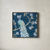 Peacock Allegory III Blue v2 by Daphne Brissonnet. Shown in a sleek black glass frame for a contemporary gallery look. Available as an archival giclee rolled canvas, fine art paper, or poster print. SKU 56864a.