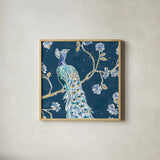 Peacock Allegory III Blue v2 by Daphne Brissonnet. Shown in a natural wood glass frame for a timeless modern aesthetic. Available as an archival giclee rolled canvas, fine art paper, or poster print. SKU 56864a.