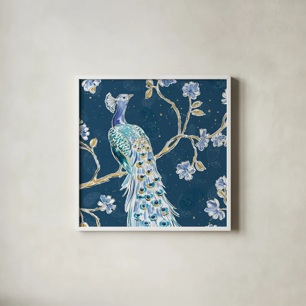 Peacock Allegory III Blue v2 by Daphne Brissonnet. Shown in a crisp white glass frame for a clean and minimalist style. Available as an archival giclee rolled canvas, fine art paper, or poster print. SKU 56864a.