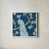 Peacock Allegory III Blue v2 by Daphne Brissonnet. Shown in a crisp white glass frame for a clean and minimalist style. Available as an archival giclee rolled canvas, fine art paper, or poster print. SKU 56864a.