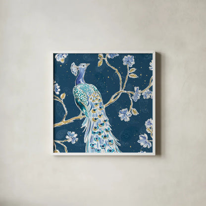 Peacock Allegory III Blue v2 by Daphne Brissonnet. Shown in a crisp white glass frame for a clean and minimalist style. Available as an archival giclee rolled canvas, fine art paper, or poster print. SKU 56864a.
