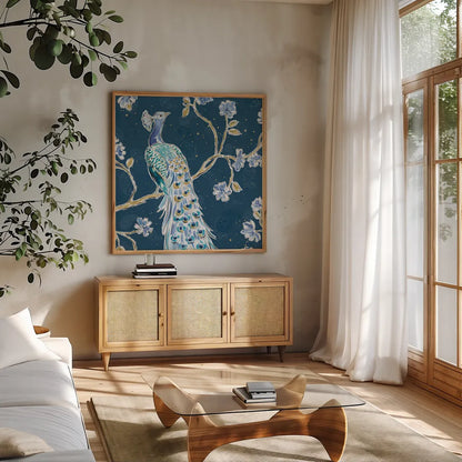 Peacock Allegory III Blue v2 by Daphne Brissonnet. Shown in a natural wood frame in a cozy modern living room. Available as an archival giclee rolled canvas, fine art paper, or poster print. SKU 56864a.