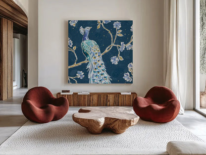 Peacock Allegory III Blue v2 by Daphne Brissonnet. Shown as extra-large giant wall art in a modern living room. Available as an archival giclee rolled canvas, fine art paper, or poster print. SKU 56864a.