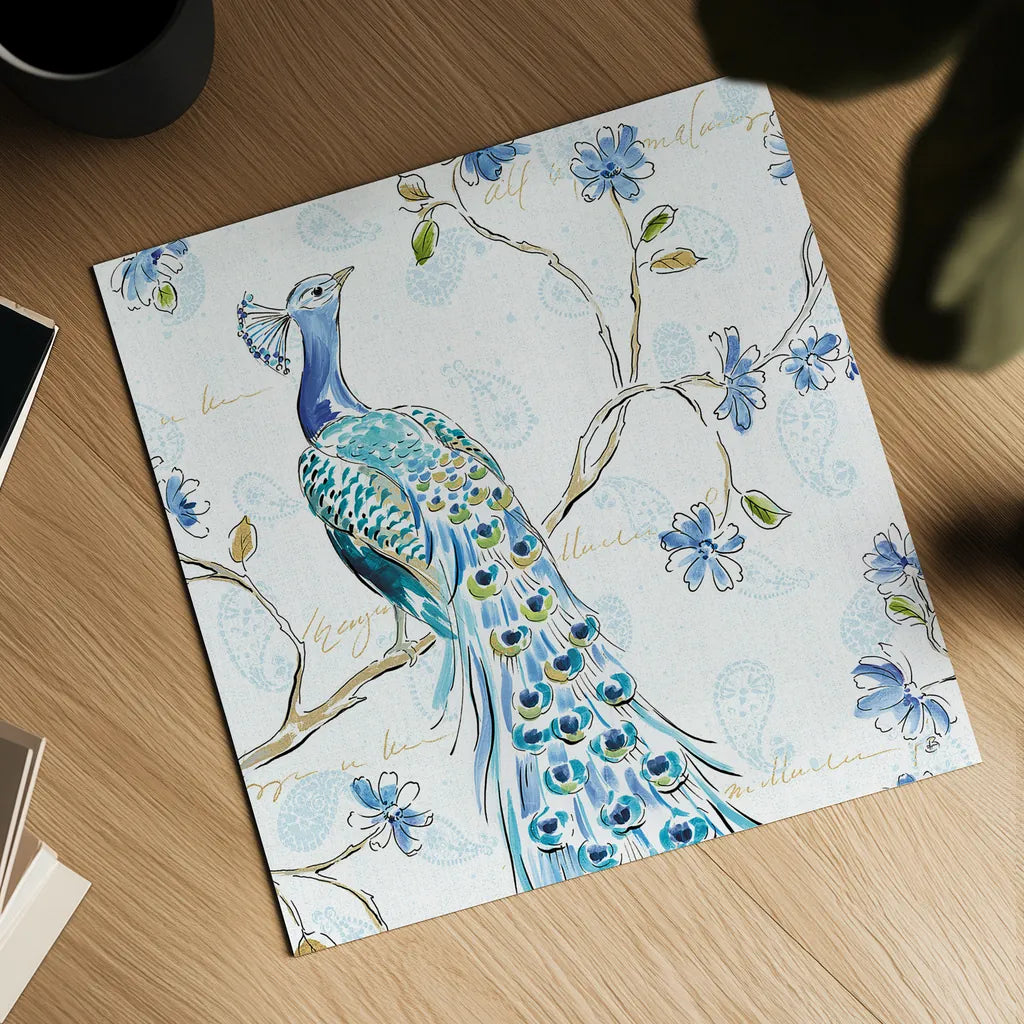 Peacock Allegory III White by Daphne Brissonnet. Shown as a detailed flat fine art print, highlighting archival giclee quality. Available as an archival giclee rolled canvas, fine art paper, or poster print. SKU 37510a.