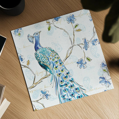 Peacock Allegory III White by Daphne Brissonnet. Shown as a detailed flat fine art print, highlighting archival giclee quality. Available as an archival giclee rolled canvas, fine art paper, or poster print. SKU 37510a.