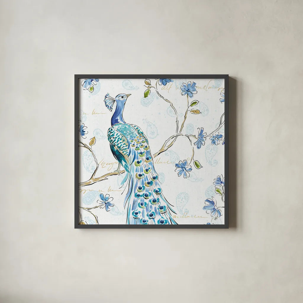 Peacock Allegory III White by Daphne Brissonnet. Shown in a sleek black glass frame for a contemporary gallery look. Available as an archival giclee rolled canvas, fine art paper, or poster print. SKU 37510a.