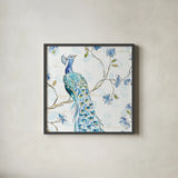 Peacock Allegory III White by Daphne Brissonnet. Shown in a sleek black glass frame for a contemporary gallery look. Available as an archival giclee rolled canvas, fine art paper, or poster print. SKU 37510a.