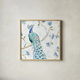 Peacock Allegory III White by Daphne Brissonnet. Shown in a natural wood glass frame for a timeless modern aesthetic. Available as an archival giclee rolled canvas, fine art paper, or poster print. SKU 37510a.