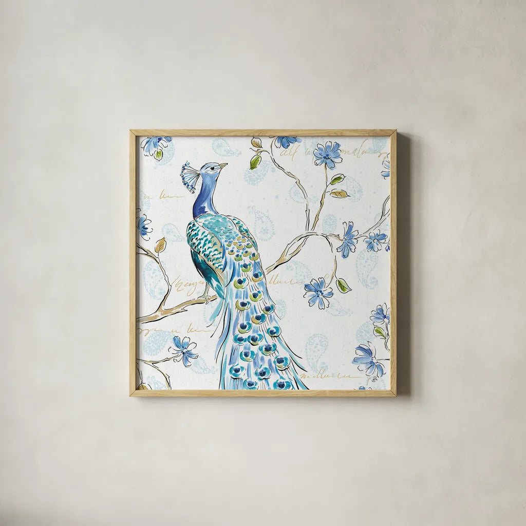 Peacock Allegory III White by Daphne Brissonnet. Shown in a natural wood glass frame for a timeless modern aesthetic. Available as an archival giclee rolled canvas, fine art paper, or poster print. SKU 37510a.
