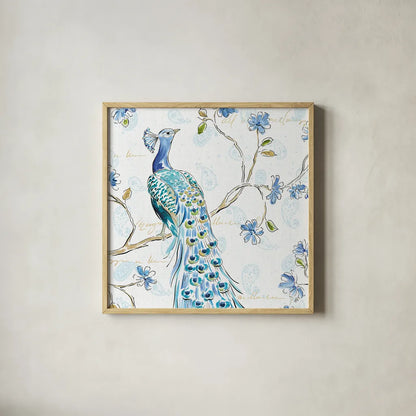 Peacock Allegory III White by Daphne Brissonnet. Shown in a natural wood glass frame for a timeless modern aesthetic. Available as an archival giclee rolled canvas, fine art paper, or poster print. SKU 37510a.