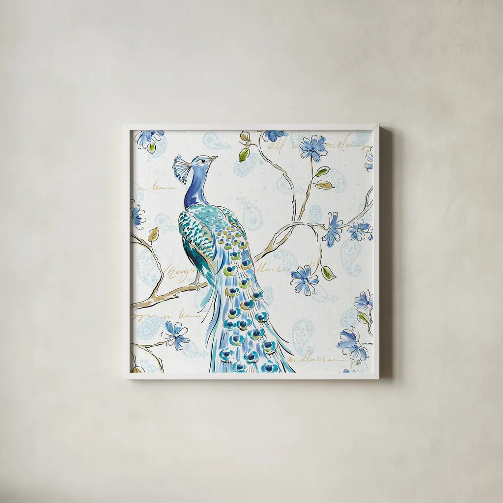Peacock Allegory III White by Daphne Brissonnet. Shown in a crisp white glass frame for a clean and minimalist style. Available as an archival giclee rolled canvas, fine art paper, or poster print. SKU 37510a.