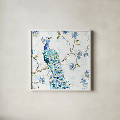Peacock Allegory III White by Daphne Brissonnet. Shown in a crisp white glass frame for a clean and minimalist style. Available as an archival giclee rolled canvas, fine art paper, or poster print. SKU 37510a.