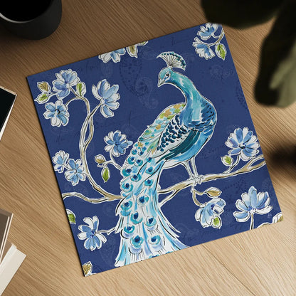 Peacock Allegory IV Blue by Daphne Brissonnet. Shown as a detailed flat fine art print, highlighting archival giclee quality. Available as an archival giclee rolled canvas, fine art paper, or poster print. SKU 37507a.