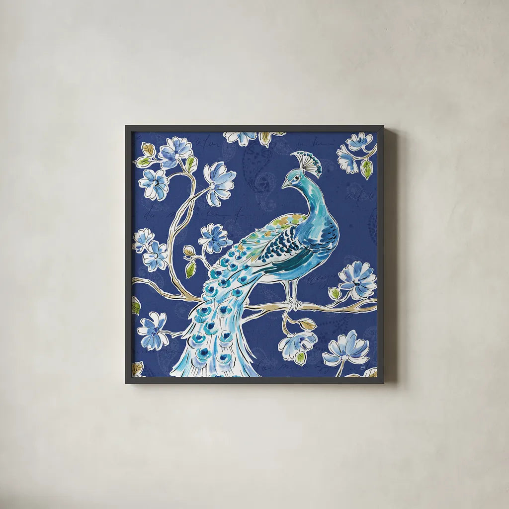 Peacock Allegory IV Blue by Daphne Brissonnet. Shown in a sleek black glass frame for a contemporary gallery look. Available as an archival giclee rolled canvas, fine art paper, or poster print. SKU 37507a.