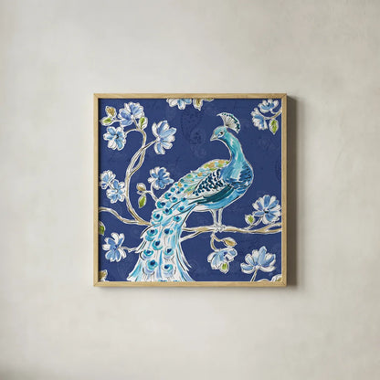 Peacock Allegory IV Blue by Daphne Brissonnet. Shown in a natural wood glass frame for a timeless modern aesthetic. Available as an archival giclee rolled canvas, fine art paper, or poster print. SKU 37507a.