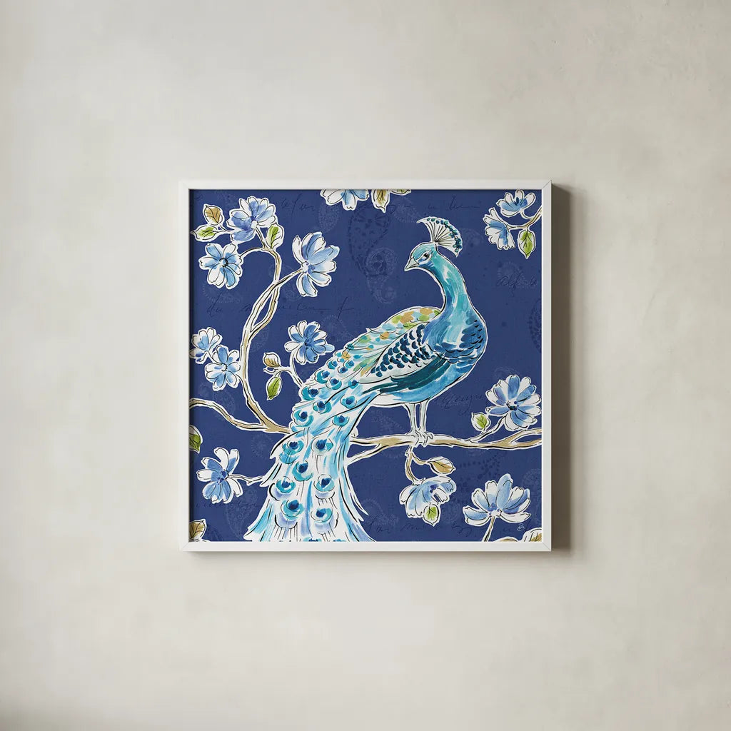 Peacock Allegory IV Blue by Daphne Brissonnet. Shown in a crisp white glass frame for a clean and minimalist style. Available as an archival giclee rolled canvas, fine art paper, or poster print. SKU 37507a.