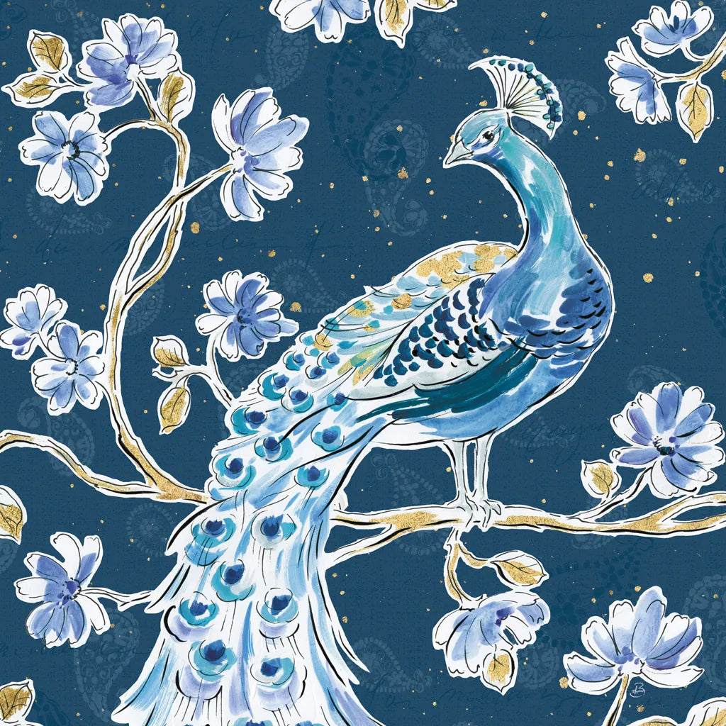 Peacock Allegory IV Blue v2 by Daphne Brissonnet. SKU 56865a. Archival Giclee Fine art print for wall decor.