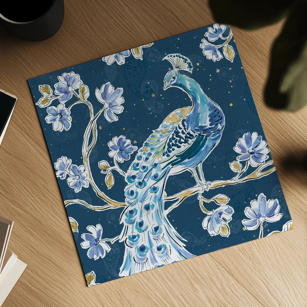 Peacock Allegory IV Blue v2 by Daphne Brissonnet. Shown as a detailed flat fine art print, highlighting archival giclee quality. Available as an archival giclee rolled canvas, fine art paper, or poster print. SKU 56865a.