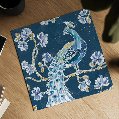 Peacock Allegory IV Blue v2 by Daphne Brissonnet. Shown as a detailed flat fine art print, highlighting archival giclee quality. Available as an archival giclee rolled canvas, fine art paper, or poster print. SKU 56865a.