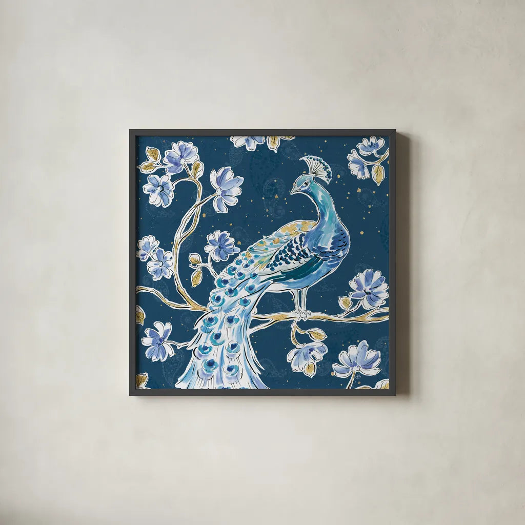 Peacock Allegory IV Blue v2 by Daphne Brissonnet. Shown in a sleek black glass frame for a contemporary gallery look. Available as an archival giclee rolled canvas, fine art paper, or poster print. SKU 56865a.