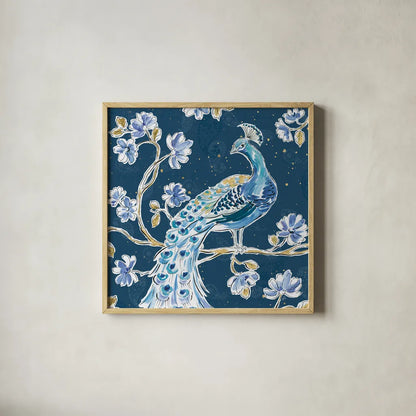 Peacock Allegory IV Blue v2 by Daphne Brissonnet. Shown in a natural wood glass frame for a timeless modern aesthetic. Available as an archival giclee rolled canvas, fine art paper, or poster print. SKU 56865a.