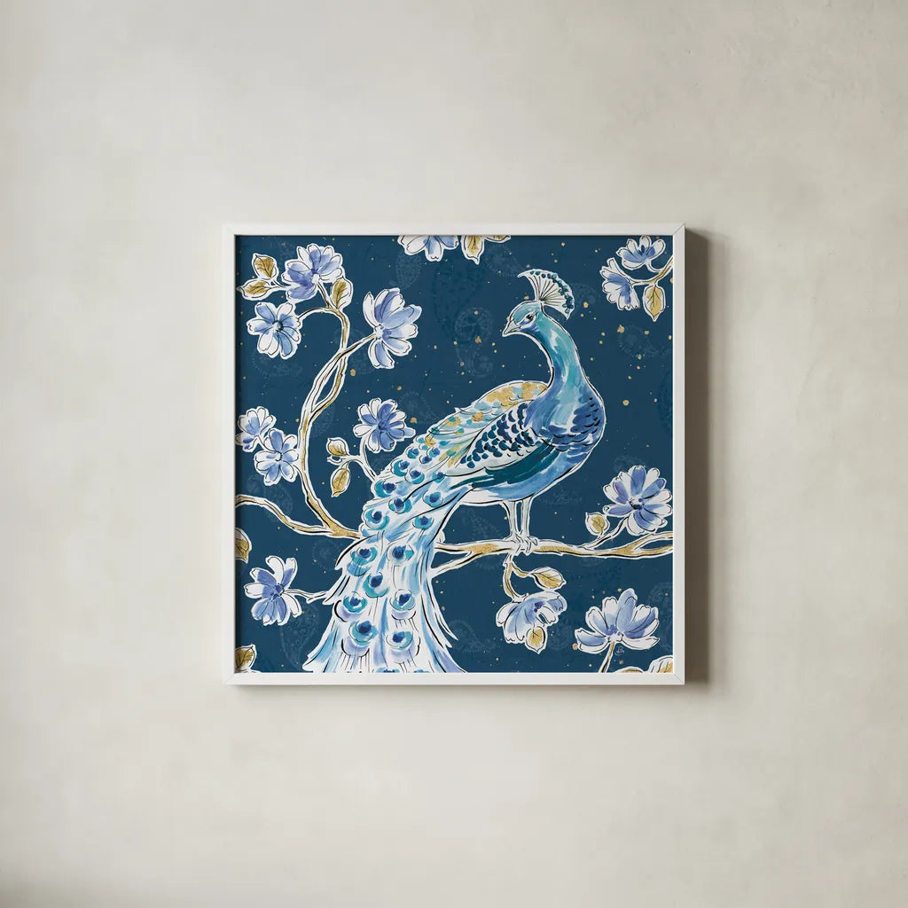 Peacock Allegory IV Blue v2 by Daphne Brissonnet. Shown in a crisp white glass frame for a clean and minimalist style. Available as an archival giclee rolled canvas, fine art paper, or poster print. SKU 56865a.