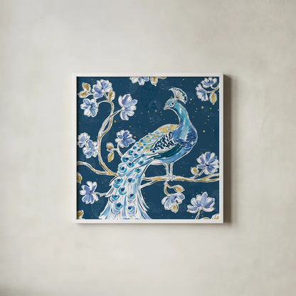 Peacock Allegory IV Blue v2 by Daphne Brissonnet. Shown in a crisp white glass frame for a clean and minimalist style. Available as an archival giclee rolled canvas, fine art paper, or poster print. SKU 56865a.