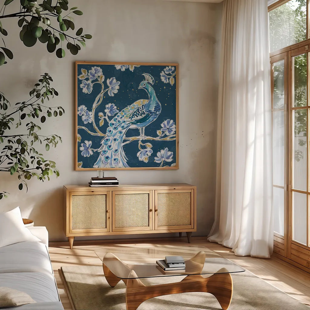 Peacock Allegory IV Blue v2 by Daphne Brissonnet. Shown in a natural wood frame in a cozy modern living room. Available as an archival giclee rolled canvas, fine art paper, or poster print. SKU 56865a.