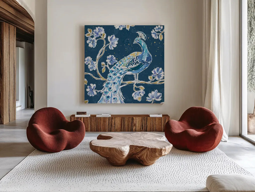 Peacock Allegory IV Blue v2 by Daphne Brissonnet. Shown as extra-large giant wall art in a modern living room. Available as an archival giclee rolled canvas, fine art paper, or poster print. SKU 56865a.