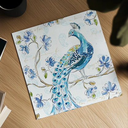 Peacock Allegory IV White by Daphne Brissonnet. Shown as a detailed flat fine art print, highlighting archival giclee quality. Available as an archival giclee rolled canvas, fine art paper, or poster print. SKU 37511a.