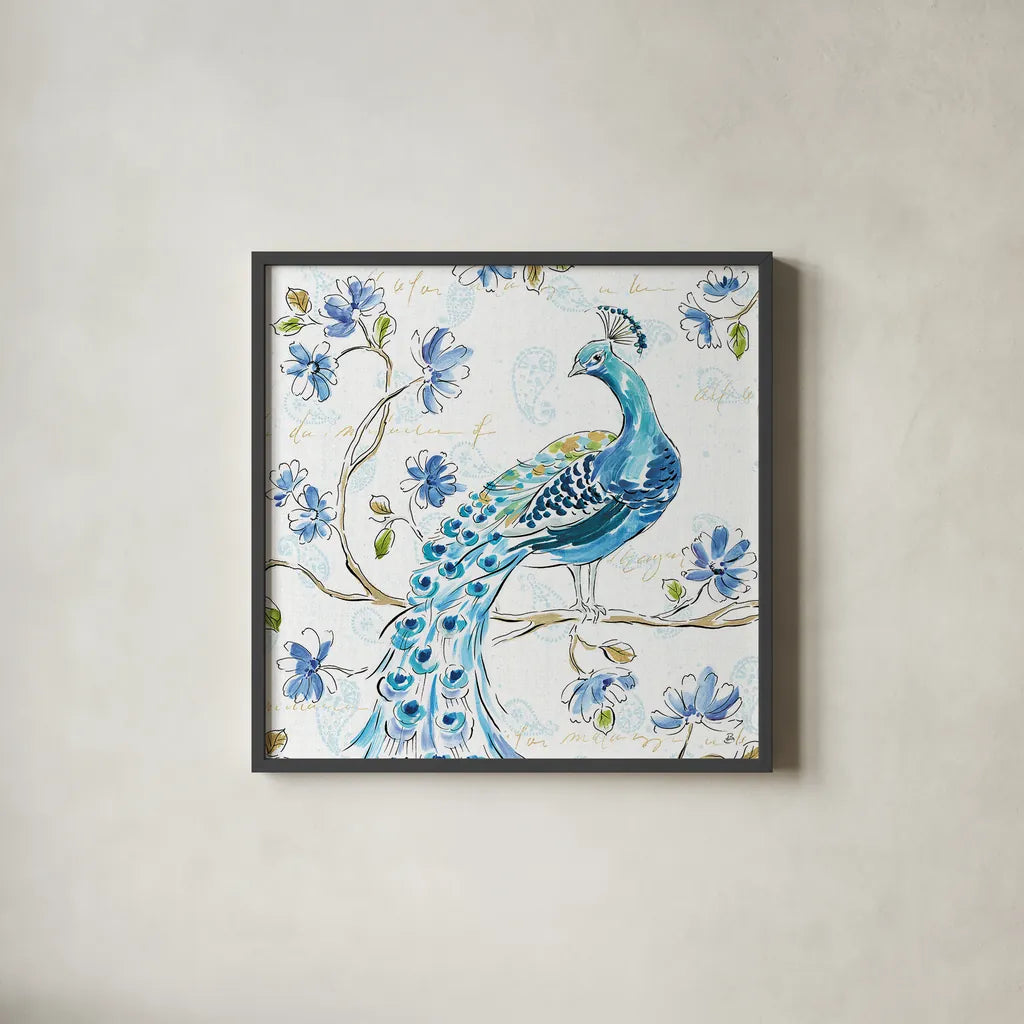 Peacock Allegory IV White by Daphne Brissonnet. Shown in a sleek black glass frame for a contemporary gallery look. Available as an archival giclee rolled canvas, fine art paper, or poster print. SKU 37511a.