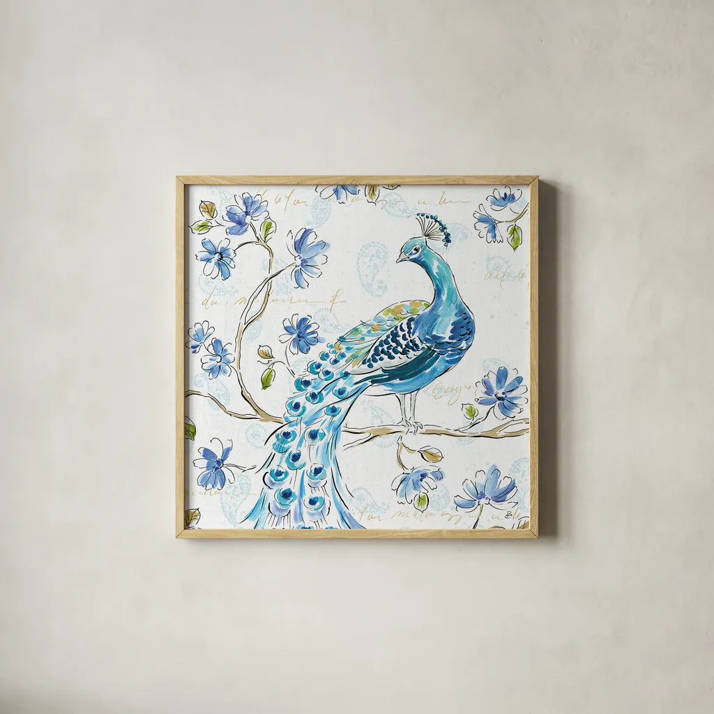 Peacock Allegory IV White by Daphne Brissonnet. Shown in a natural wood glass frame for a timeless modern aesthetic. Available as an archival giclee rolled canvas, fine art paper, or poster print. SKU 37511a.