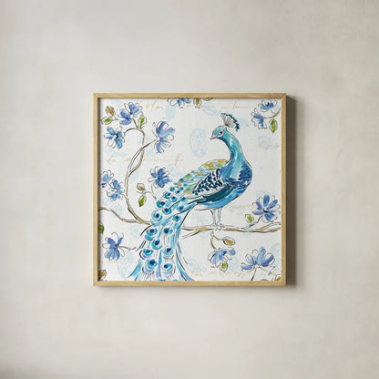 Peacock Allegory IV White by Daphne Brissonnet. Shown in a natural wood glass frame for a timeless modern aesthetic. Available as an archival giclee rolled canvas, fine art paper, or poster print. SKU 37511a.