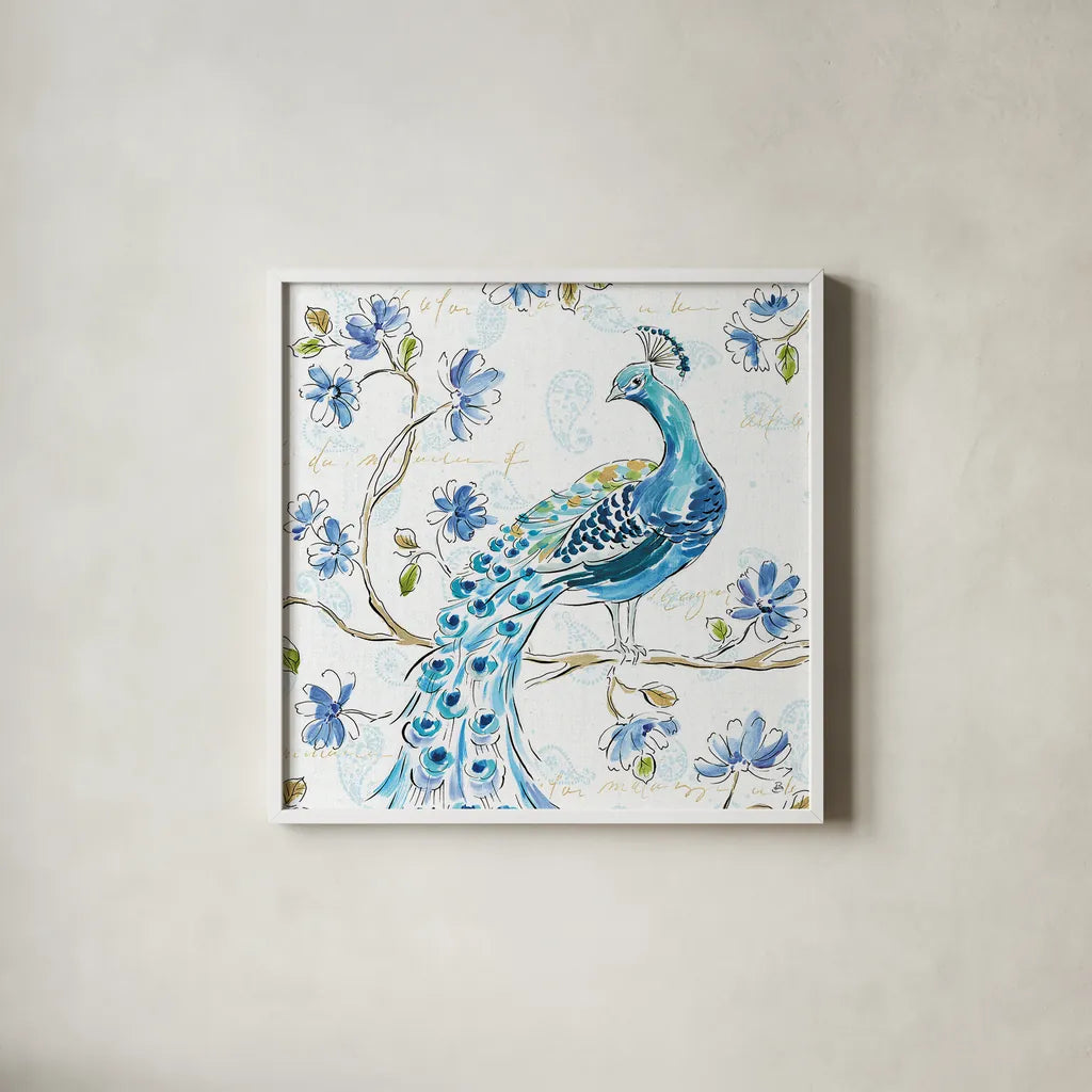 Peacock Allegory IV White by Daphne Brissonnet. Shown in a crisp white glass frame for a clean and minimalist style. Available as an archival giclee rolled canvas, fine art paper, or poster print. SKU 37511a.