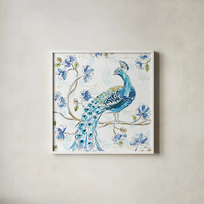 Peacock Allegory IV White by Daphne Brissonnet. Shown in a crisp white glass frame for a clean and minimalist style. Available as an archival giclee rolled canvas, fine art paper, or poster print. SKU 37511a.