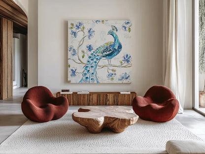 Peacock Allegory IV White by Daphne Brissonnet. Shown as extra-large giant wall art in a modern living room. Available as an archival giclee rolled canvas, fine art paper, or poster print. SKU 37511a.