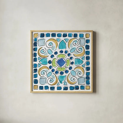 Peacock Allegory V by Daphne Brissonnet. Shown in a natural wood glass frame for a timeless modern aesthetic. Available as an archival giclee rolled canvas, fine art paper, or poster print. SKU 37512a.