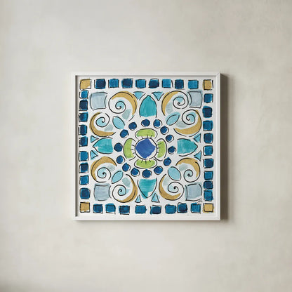 Peacock Allegory V by Daphne Brissonnet. Shown in a crisp white glass frame for a clean and minimalist style. Available as an archival giclee rolled canvas, fine art paper, or poster print. SKU 37512a.