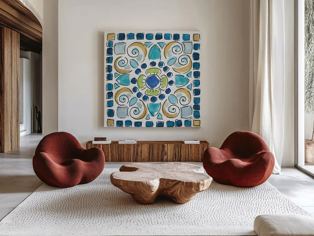 Peacock Allegory V by Daphne Brissonnet. Shown as extra-large giant wall art in a modern living room. Available as an archival giclee rolled canvas, fine art paper, or poster print. SKU 37512a.