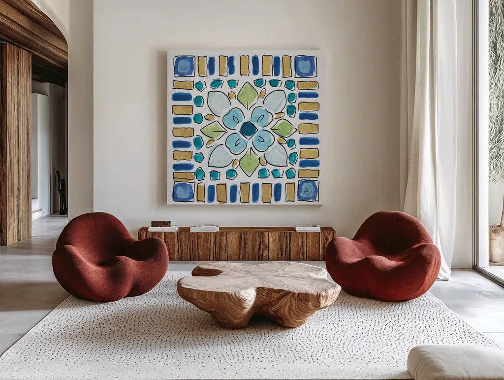 Peacock Allegory VI by Daphne Brissonnet. Shown as extra-large giant wall art in a modern living room. Available as an archival giclee rolled canvas, fine art paper, or poster print. SKU 37513a.